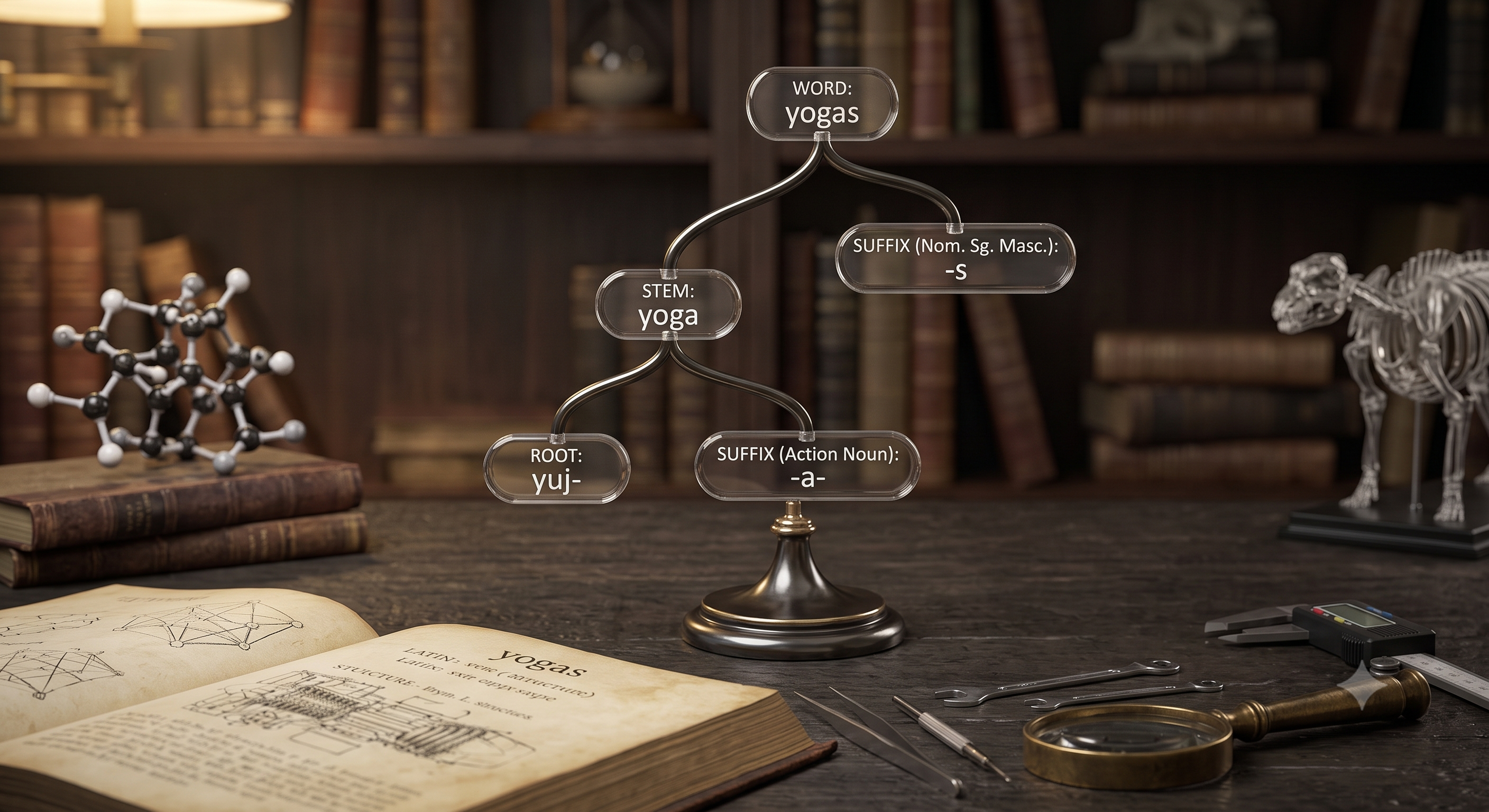 A tree structure diagram revealing the structure of the Sanskrit word 'yogas'.